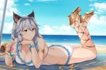  animal_ears ass back beach bikini blush bracelet breasts brown_eyes cat_ears cherry cleavage cocktail_glass cup day drinking_glass erune food fruit granblue_fantasy heles high_heels jewelry large_breasts long_hair lying ocean on_stomach silver_hair solo swimsuit terry_(pixiv3274443) white_bikini 