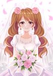  blush bouquet bridal_veil brown_hair charlotte_pudding curly_hair dress earrings flower hair_flower hair_ornament jewelry kitsuneco leaf long_hair multicolored_hair one_piece petals simple_background solo twintails two-tone_hair upper_body veil wedding_dress white_background 