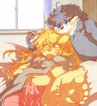  5_fingers 5_toes anthro blonde_hair blue_eyes blush canine cat erection feline fur hair long_hair lying male male/male mammal obese on_back open_mouth overweight penis sleeping tan_fur toes tsurugi 