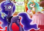  2017 adlynh banana blue_eyes blue_feathers blue_hair cake chair crown duo eating english_text equine feathered_wings feathers female feral food friendship_is_magic fruit hair horn inside jewelry magic mammal multicolored_hair my_little_pony necklace princess_celestia_(mlp) princess_luna_(mlp) table text white_feathers window winged_unicorn wings 