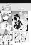  apron bat_wings braid bucket comic dress drill_hair flandre_scarlet greyscale hat head_fins highres in_bucket in_container izayoi_sakuya japanese_clothes kimono maid maid_apron maid_headdress makako_(yume_bouei_shoujo_tai) mermaid mob_cap monochrome monster_girl multiple_girls patchouli_knowledge remilia_scarlet touhou translated twin_braids wakasagihime wings wooden_bucket 