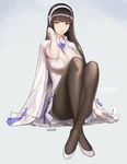  :o absurdres artist_name bangs black_hair black_legwear blunt_bangs breasts cape cleavage commentary_request crossed_ankles dress full_body girls_frontline gloves hair_flip hairband highres knees_up large_breasts long_hair looking_at_viewer monaim pantyhose qbz-95_(girls_frontline) short_dress sitting solo white_dress white_gloves yellow_eyes 