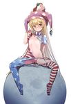  absurdres american_flag_dress american_flag_legwear arm_support bad_id bad_pixiv_id bangs bar_censor blonde_hair blue_eyes blush breasts censored clownpiece ddism dress eyebrows_visible_through_hair full_body half-closed_eyes hat highres jester_cap long_hair looking_at_viewer moon multicolored multicolored_eyes navel neck_ruff nipples pantyhose polka_dot polka_dot_hat purple_hat red_eyes shiny shiny_hair short_dress short_sleeves simple_background sitting small_breasts solo sphere spread_legs star star_print striped striped_dress torn_clothes torn_dress torn_legwear touhou very_long_hair white_background 
