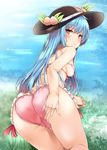  ass bangs bikini black_hat blue_hair blue_sky breasts closed_mouth cloud cloudy_sky day eyebrows_visible_through_hair food frilled_bikini frills from_behind fruit hat hinanawi_tenshi leaning_forward long_hair looking_at_viewer looking_back medium_breasts nipples one_breast_out peach pink_bikini pussy_juice red_eyes sky solo string_bikini swimsuit touhou yuhito_(ablbex) 