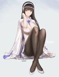  absurdres artist_name bangs black_hair black_legwear blunt_bangs breasts cape cleavage closed_mouth commentary_request crossed_ankles dress full_body girls_frontline gloves hair_flip hairband highres knees_up large_breasts long_hair looking_at_viewer monaim pantyhose qbz-95_(girls_frontline) short_dress sitting smile solo white_dress white_gloves yellow_eyes 