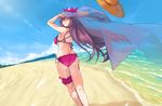  absurdres bare_shoulders beach bikini cloud day fate/grand_order fate_(series) hair_ribbon hat hat_removed headwear_removed highres long_hair looking_back ohland outdoors red_eyes red_hair ribbon scathach_(fate)_(all) scathach_(swimsuit_assassin)_(fate) sky solo sun_hat swimsuit thigh_strap veil water 