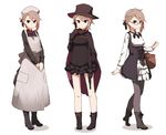  amonitto ange_(princess_principal) blue_eyes boots bow bowtie braid brown_hair cape commentary_request dress french_braid frilled_skirt frills glasses gloves gun hair_ribbon handgun hat long_skirt looking_at_viewer multiple_views nurse princess_principal revolver ribbon school_uniform short_dress short_hair side_braid simple_background skirt top_hat underbust variations victorian victorian_maid weapon white_background 