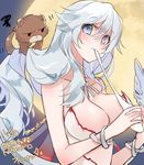  1girl artemis_(fate/grand_order) bear blue_eyes blush bracelet breasts cleavage dango eating fate/grand_order fate_(series) food full_moon highres jewelry large_breasts long_hair looking_at_viewer mom_29_mom moon orion_(fate/grand_order) silver_hair smile very_long_hair wagashi 