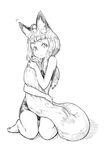  ahoge animal_ear_fluff animal_ears bangs barefoot blunt_bangs fox_ears fox_girl fox_girl_(jaco) fox_tail greyscale jaco kneeling long_hair looking_at_viewer monochrome motion_lines original shorts sketch solo tail tail_hug thick_eyebrows white_background 