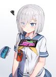 blue_eyes blush commentary_request controller eyes_visible_through_hair game_controller hair_ornament hair_over_one_eye hairclip hamakaze_(kantai_collection) highres kantai_collection nintendo_switch sailor_collar school_uniform serafuku short_hair silver_hair simple_background solo_focus splatoon_(series) splatoon_2 squiggle tawawa_challenge upper_body wavy_mouth white_background xenonstriker 