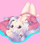  :d blue_eyes bow breasts collarbone commentary_request eromanga_sensei hair_bow hand_on_own_stomach headset izumi_sagiri long_hair looking_at_viewer open_clothes open_mouth pink_background signature silver_hair simple_background small_breasts smile solo sweat yasuyuki 