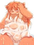  5_fingers anthro balls blush bottomless bulge cat clothed clothing erection feline fur hair long_hair male mammal moobs obese overweight penis penis_base red_eyes red_fur red_hair sitting solo tsurugi wet wet_clothing 