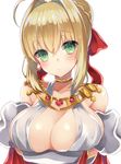  ahoge bangs bare_shoulders blonde_hair blush braid breast_hold breasts cleavage closed_mouth collarbone commentary_request detached_sleeves eyebrows_visible_through_hair fate/extra fate/extra_ccc fate_(series) french_braid green_eyes hair_intakes hair_ribbon jewelry large_breasts looking_at_viewer nero_claudius_(fate) nero_claudius_(fate)_(all) red_ribbon ribbon short_hair simple_background solo upper_body white_background yuzu-aki 
