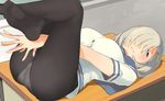  between_thighs black_legwear blue_eyes breasts bright_pupils crossed_legs crotch_seam desk feet feet_out_of_frame grey_hair hair_ornament hair_over_one_eye hairclip hamakaze_(kantai_collection) highres kantai_collection kei_(soundcross) large_breasts looking_at_viewer lying no_pants no_shoes on_back on_desk outstretched_hand panties panties_under_pantyhose pantyhose parted_lips sailor_collar sailor_shirt school_uniform serafuku shirt short_hair soles solo underwear white_panties 