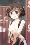  1girl akiyama_yukari blush breasts brown_eyes brown_hair collarbone commentary_request diving_suit eyebrows_visible_through_hair frown girls_und_panzer looking_at_viewer medium_breasts messy_hair nipples open_mouth shipping_container short_hair solo standing surprised sweatdrop topless tukiyofree undressing upper_body wavy_mouth 