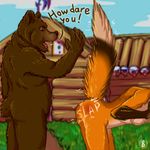  2017 anthro bear butt canine comic english_text female fox fur lirkov male mammal nude open_mouth red_fox spank_marks spanking stuck text 