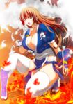 bangs breasts brown_eyes brown_hair choker cleavage commentary_request dead_or_alive fire full_body japanese_clothes kasumi_(doa) kettsu kneeling large_breasts long_hair ninja open_mouth pelvic_curtain sash smoke solo thighhighs white_legwear wrist_wrap 