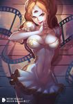  artist_name breasts brown_eyes brown_hair charlotte_pudding cleavage covered_navel cowboy_shot curly_hair film_strip highres long_hair medium_breasts one_piece open_mouth skindentation solo teeth third_eye twintails zhang_ding 