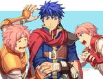  2boys angry armor artist_name bad_id bad_twitter_id bandaged_arm bandages bandana blue_background blue_eyes blue_hair brother_and_sister brown_gloves buckle cape eye_contact fingerless_gloves fire_emblem fire_emblem:_akatsuki_no_megami fire_emblem:_souen_no_kiseki gloves headband ike jpeg_artifacts looking_at_another looking_to_the_side makalov marcia multiple_boys pauldrons pink_hair pugzy red_gloves shouting siblings signature simple_background sweat sweatdrop upper_body white_gloves 