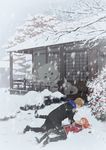  1girl blue_eyes brown_hair coat dog gintama highres kagura_(gintama) loli_bushi okita_sougo orange_hair red_eyes sadaharu scarf snow snowing winter winter_clothes 