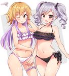  arm_up bikini blonde_hair blush breasts commentary_request cowboy_shot dark_illuminate drill_hair frilled_bikini frills grey_hair idolmaster idolmaster_cinderella_girls kanzaki_ranko large_breasts long_hair looking_at_viewer mio_(mgr300) multicolored_hair multiple_girls navel ninomiya_asuka one_eye_closed purple_hair red_eyes simple_background smile swimsuit twin_drills two-tone_hair yellow_eyes 