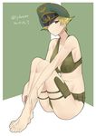  absurdres barefoot blonde_hair brown_eyes commentary_request erwin_(girls_und_panzer) eyewear_on_headwear girls_und_panzer groin hat highres holster irukatto looking_at_viewer military_hat multicolored multicolored_background peaked_cap pointy_hair short_hair simple_background sitting solo sports_bikini sports_bra thigh_holster thigh_strap 
