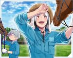  blue_sky cloud cravat day fence glasses hat hazama_michio horse idolmaster idolmaster_side-m jumpsuit kitamura_sora licking male_focus multicolored_hair multiple_boys reins silver_hair sky sun_hat sweat tongue tongue_out white_hair 