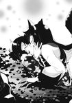  animal_ears comic dress drill_hair greyscale head_fins highres imaizumi_kagerou japanese_clothes kimono kiss makako_(yume_bouei_shoujo_tai) monochrome multiple_girls tail touhou wakasagihime wolf_ears wolf_tail yuri 