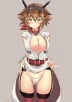  alternate_costume anchor ass_visible_through_thighs belt belt_buckle blouse breasts brown_hair buckle cosplay cowboy_shot dated dress dress_lift flipped_hair garter_straps green_eyes grey_background headgear highres kantai_collection kuga_zankurou large_breasts looking_at_viewer mutsu_(kantai_collection) neckerchief open_blouse open_clothes panties panty_pull red_belt red_legwear red_neckwear saratoga_(kantai_collection) saratoga_(kantai_collection)_(cosplay) short_hair short_sleeves simple_background sketch solo thighhighs twitter_username underwear v white_blouse white_dress white_panties 