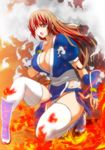  bangs breasts brown_eyes brown_hair choker cleavage commentary_request dead_or_alive fire full_body japanese_clothes kasumi_(doa) kettsu kneeling large_breasts long_hair ninja open_mouth pelvic_curtain sash smoke solo thighhighs white_legwear wrist_wrap 