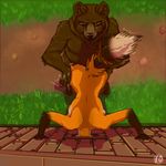  2017 anthro bear brown_fur butt canine chicken_house comic duo female forced fox fur lirkov male mammal nude rape red_fox red_fur spanking stuck tail_grab 