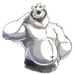  2017 anthro bear beard biceps black_eyes clothed clothing digital_media_(artwork) eyebrows eyewear facial_hair front_view glasses half-length_portrait hand_on_hip head_tuft hi_res looking_at_viewer male mammal musclegut muscular muscular_male navel neck_tuft one_eye_closed pecs polar_bear portrait restricted_palette signature simple_background siriusdog smile solo standing teeth topless tuft white_background yoked_coder 