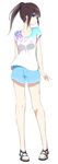  aa_(sin2324) alternate_costume blue_shorts brown_hair full_body hakama-chan_(aa) highres original ponytail sandals shirt short_shorts shorts solo t-shirt white_background 