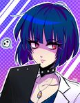  1girl artist_name blue_hair bob_cut breasts choker cleavage clipboard collarbone eyebrows_visible_through_hair eyelashes eyeshadow labcoat long_eyelashes looking_at_viewer mao_(expuella) necklace parted_lips persona persona_5 portrait red_eyes shadow solo speech_bubble spoken_skull studded_collar takemi_tae 