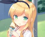  :&gt; blonde_hair commentary_request copyright_name day eyebrows_visible_through_hair fingernails food food_on_face green_eyes hair_ribbon hairband halterneck ice_cream ice_cream_cone ice_cream_on_face isurugi_mio licking_lips long_hair looking_at_viewer mimura_zaja mm! outdoors pole portrait ribbon shirt soft_serve solo tongue tongue_out white_shirt 