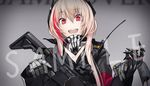  assault_rifle background_text bad_id bad_pixiv_id bandana bangs blonde_hair commentary_request eyebrows_visible_through_hair game_over girls_frontline gun hair_between_eyes hands_up headgear highlights holding holding_gun holding_weapon jacket long_hair looking_at_viewer m4_carbine m4_sopmod_ii m4_sopmod_ii_(girls_frontline) multicolored_hair open_mouth partial_commentary red_eyes red_hair rifle sample shijiu_(adamhutt) short_hair_with_long_locks sidelocks smile solo streaked_hair teeth two-tone_hair upper_body watermark weapon 