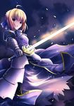  ahoge armor armored_dress artoria_pendragon_(all) blonde_hair blue_dress blue_ribbon dress excalibur fate/stay_night fate_(series) gauntlets hair_ribbon highres holding holding_sword holding_weapon janne_cherry open_mouth ribbon saber short_hair solo standing sword weapon yellow_eyes 