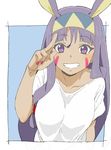  absurdres animal_ears dark_skin donguri_suzume facial_mark fate/grand_order fate_(series) hairband highres jackal_ears long_hair looking_at_viewer nail_polish nitocris_(fate/grand_order) purple_eyes purple_hair shirt smile white_shirt 