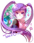  copyright_name eyebrows_visible_through_hair floating_hair flower hair_ornament liel_(andaniel) long_hair looking_at_viewer pink_flower purple_eyes purple_hair scarf simple_background solo sophie_(tales) tales_of_(series) tales_of_graces tree twintails upper_body very_long_hair white_background white_scarf 