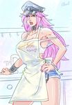  apron blue_eyes breasts cleavage cuffs denim denim_shorts final_fight handcuffs hat highres large_breasts long_hair peaked_cap pink_hair poison_(final_fight) short_shorts shorts solo street_fighter tank_top wallace_pires 