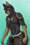  2017 5_fingers abs anthro black_fur black_nose blue_background blue_eyes brown_fur bulge canine cinta claws clothing dog eyebrows fur german_shepherd hi_res jockstrap looking_at_viewer male mammal markings multicolored_fur muscular simple_background smile solo standing teasing tight_underwear underwear 