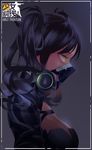  bangs black_hair breasts commentary copyright_name from_side gas_mask girls_frontline glowing glowing_eyes green_eyes highres litra_(ltr0312) mask medium_breasts profile scarecrow_(girls_frontline) solo twintails upper_body 