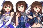  :d black_gloves blush breasts brown_hair cleavage elbow_gloves eternal_bloom_(idolmaster) eyebrows_visible_through_hair fingerless_gloves gloves green_eyes highres holding holding_microphone idolmaster idolmaster_cinderella_girls idolmaster_cinderella_girls_starlight_stage kamille_(vcx68) large_breasts looking_at_viewer microphone navel open_mouth over_myself_(idolmaster) parted_lips shibuya_rin smile stage_of_magic teeth upper_body white_gloves 