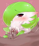  1boy 1girl :&gt;= artist_request blush cum cum_in_mouth erection fellatio gardevoir green_hair hair_over_one_eye licking looking_at_viewer penis pink_eyes pokemon saliva squeezing_testicles sweat testicles tongue tongue_out 