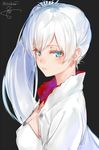  artist_name blue_eyes breasts cleavage closed_mouth earrings eyebrows_visible_through_hair from_side grey_background highres isshiki_(ffmania7) jacket jewelry light_smile lips long_hair looking_at_viewer necklace rwby scar side_ponytail simple_background small_breasts solo upper_body weiss_schnee white_hair 