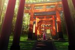  animal_ears black_hair flower fox_ears hair_flower hair_ornament japanese_clothes miko multiple_torii original sandals scenery short_hair solo someya_mai stairs torii 