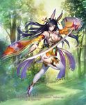  animal_ears armpits bare_shoulders black_hair breasts bunny_ears cleavage closed_mouth commentary_request detached_sleeves divine_grimoire floral_print forest full_body hair_ornament high_heels holding holding_sword holding_weapon japanese_clothes katana large_breasts long_hair long_sleeves looking_at_viewer momose_hisashi nature obi official_art orange_eyes sash smile solo sunlight sword thighhighs weapon white_legwear wide_sleeves 