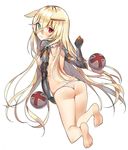  ass bangs barefoot blonde_hair blue_eyes breasts commentary crossed_bangs eyebrows_visible_through_hair from_behind full_body g41_(girls_frontline) girls_frontline hair_censor hair_over_one_breast heterochromia long_hair looking_at_viewer looking_back mechanical_arms panties prosthesis red_eyes revision sabet_(young_ouo) sideboob simple_background small_breasts solo thighs topless twitter_username underwear white_background white_panties 