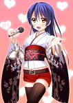  2013 :d bangs belt black_legwear blue_hair cowboy_shot eyebrows_visible_through_hair floral_print hair_between_eyes heart heart_background hino_minato_(spec.c) holding holding_microphone japanese_clothes kimono long_hair looking_at_viewer love_live! love_live!_school_idol_project microphone navel obi open_mouth outstretched_arm pink_background red_shorts sash short_shorts shorts smile solo sonoda_umi standing thighhighs white_kimono wide_sleeves yellow_eyes 