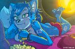  blue_fur blue_hair blush canine clothed clothing eating female food fox fur green_eyes hair krystal mammal multicolored_fur nintendo partially_clothed popcorn scottytheman star_fox tattoo tribal tribal_tattoo two_tone_fur video_games watching_television 